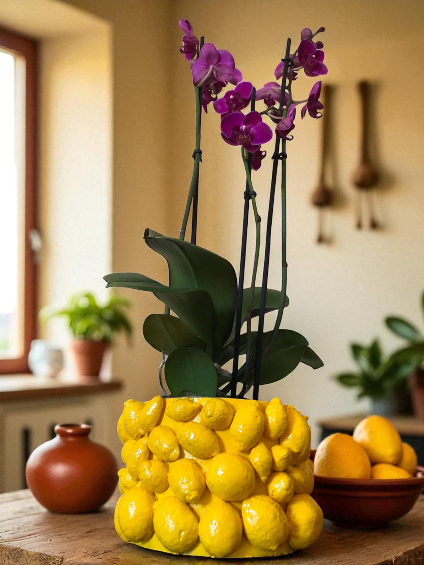 Vaso artigianale in cemento porcellanato con limoni – Design Coprivaso mediterraneo fatto a mano in Italia